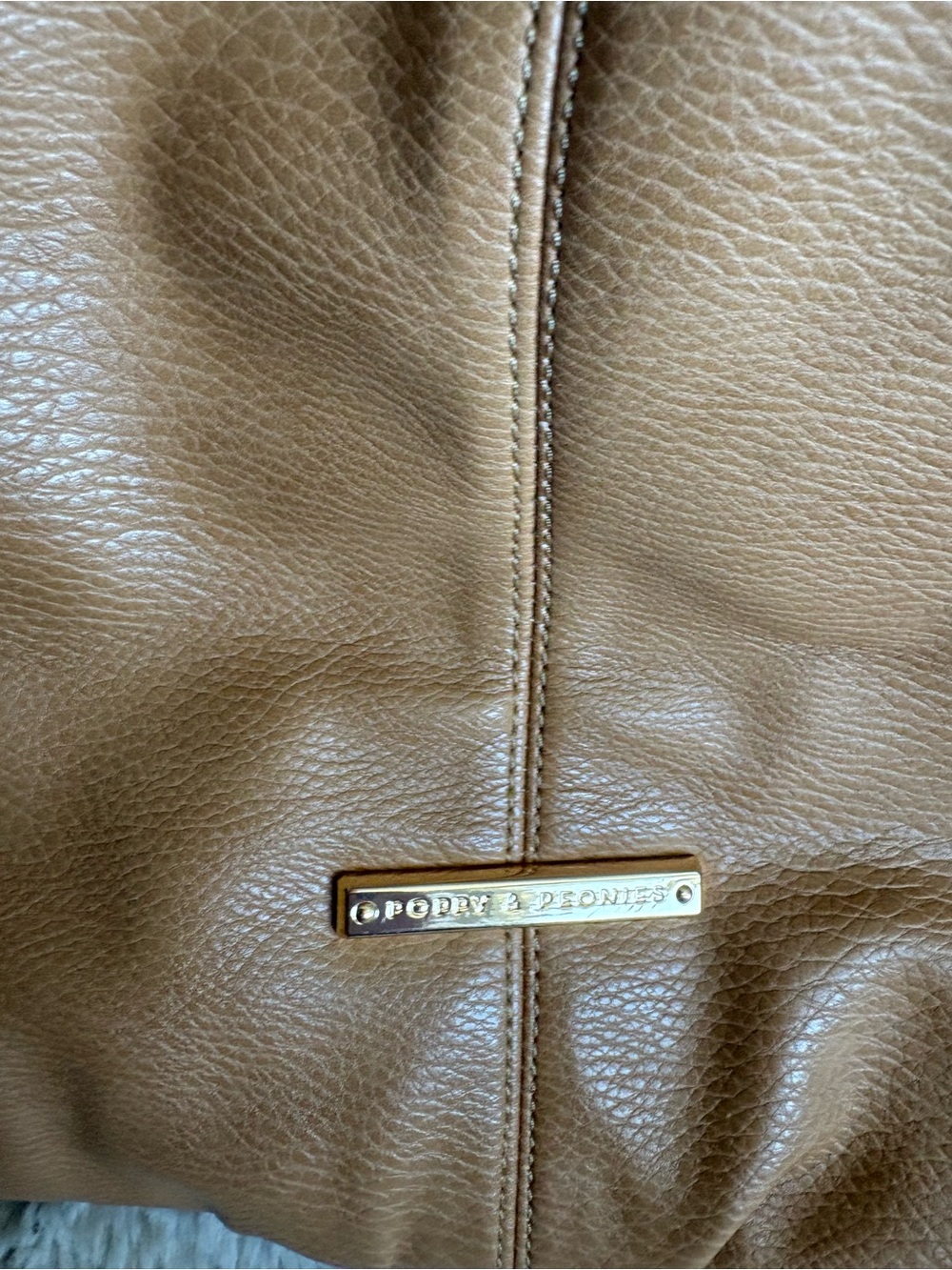 Poppy & Peonies Tan Pebbled Leather Tote with Gold Plaque